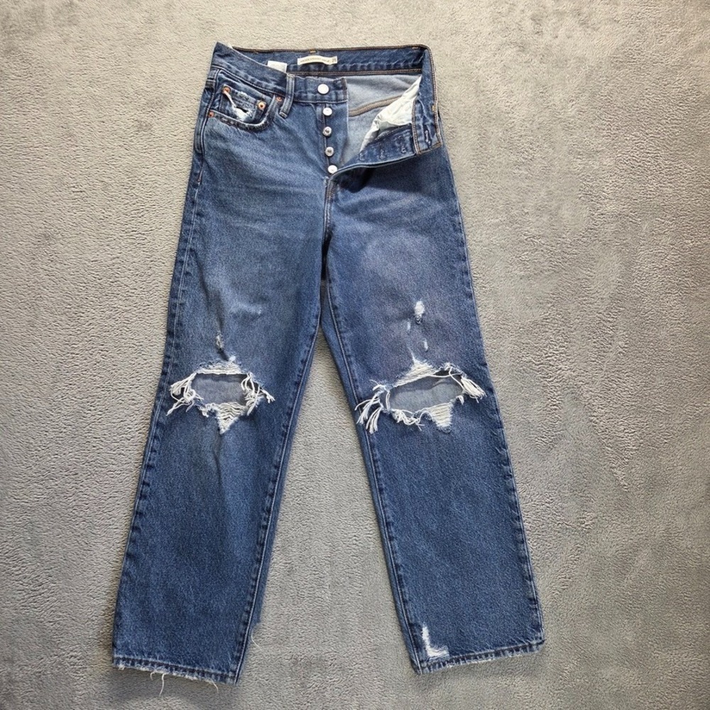 Levis Jeans Womens 25 Blue Ribcage Straight Ankle Button Fly Ripped Denim